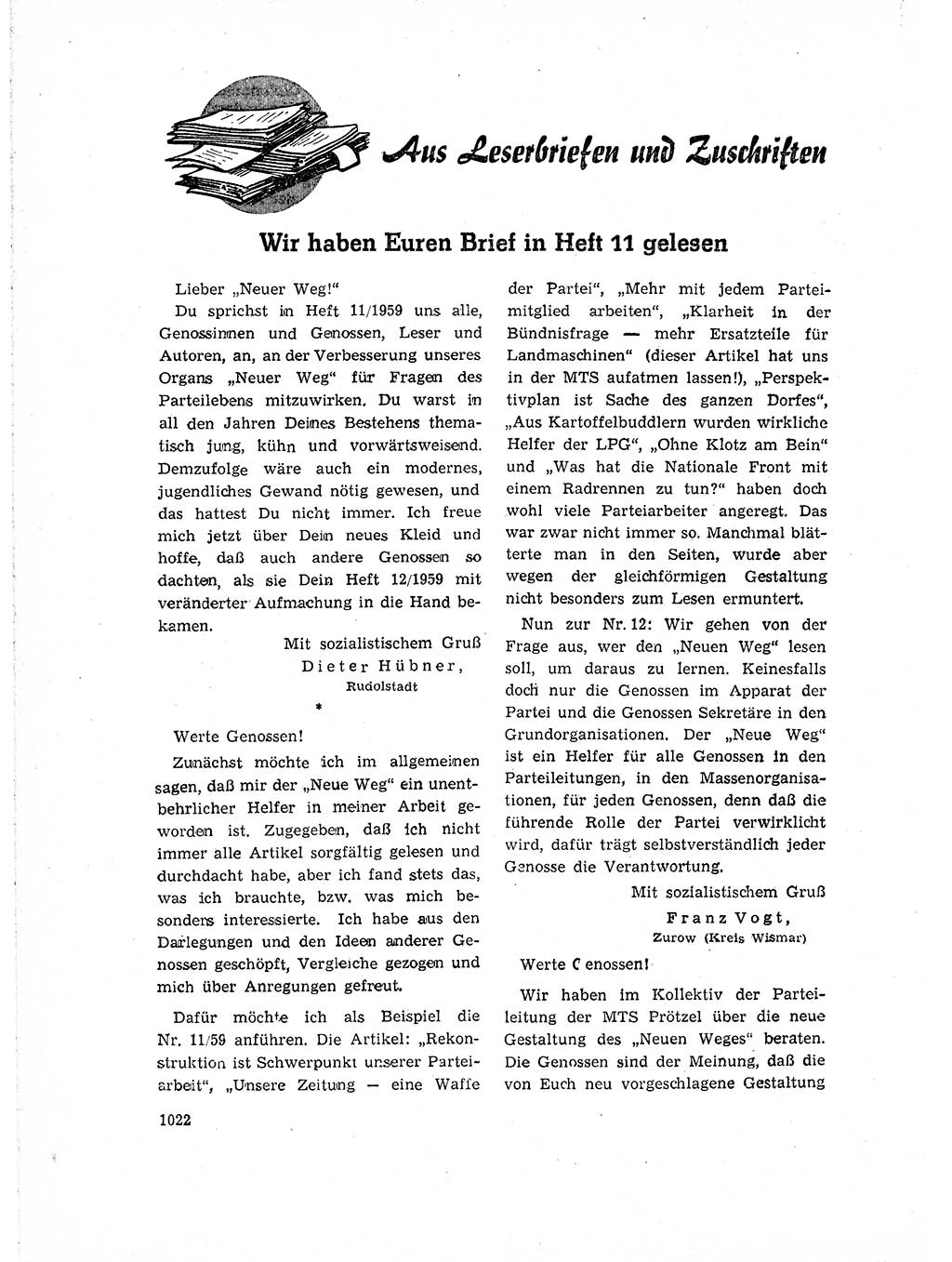Neuer Weg (NW), Organ des Zentralkomitees (ZK) der SED (Sozialistische Einheitspartei Deutschlands) für Fragen des Parteiaufbaus und des Parteilebens, 14. Jahrgang [Deutsche Demokratische Republik (DDR)] 1959, Seite 1022 (NW ZK SED DDR 1959, S. 1022)