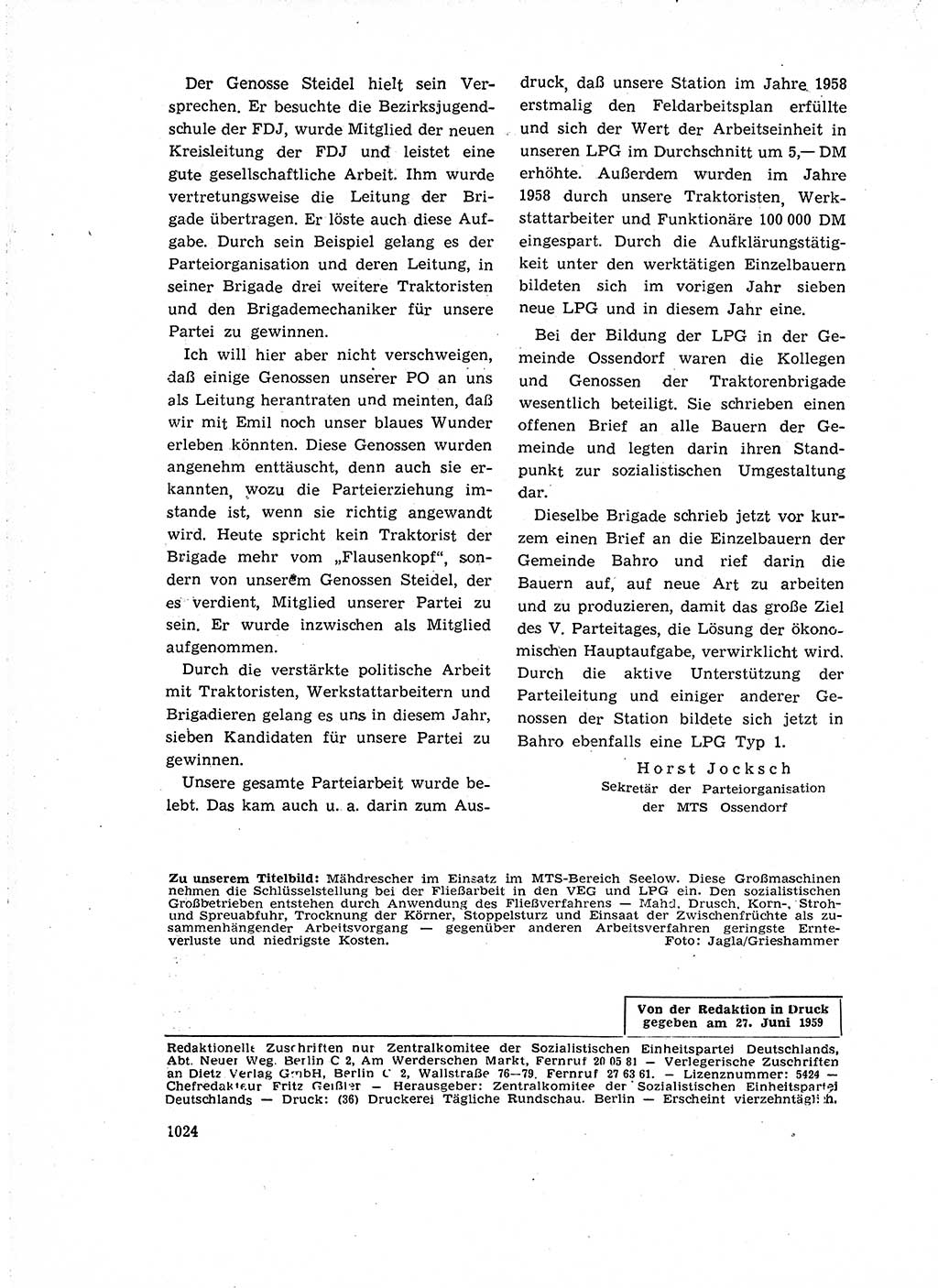 Neuer Weg (NW), Organ des Zentralkomitees (ZK) der SED (Sozialistische Einheitspartei Deutschlands) für Fragen des Parteiaufbaus und des Parteilebens, 14. Jahrgang [Deutsche Demokratische Republik (DDR)] 1959, Seite 1024 (NW ZK SED DDR 1959, S. 1024)