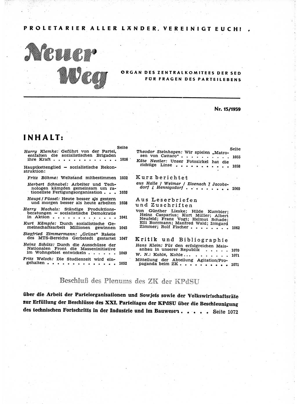 Neuer Weg (NW), Organ des Zentralkomitees (ZK) der SED (Sozialistische Einheitspartei Deutschlands) für Fragen des Parteiaufbaus und des Parteilebens, 14. Jahrgang [Deutsche Demokratische Republik (DDR)] 1959, Seite 1025 (NW ZK SED DDR 1959, S. 1025)
