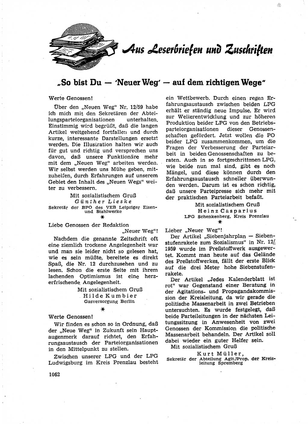 Neuer Weg (NW), Organ des Zentralkomitees (ZK) der SED (Sozialistische Einheitspartei Deutschlands) für Fragen des Parteiaufbaus und des Parteilebens, 14. Jahrgang [Deutsche Demokratische Republik (DDR)] 1959, Seite 1062 (NW ZK SED DDR 1959, S. 1062)