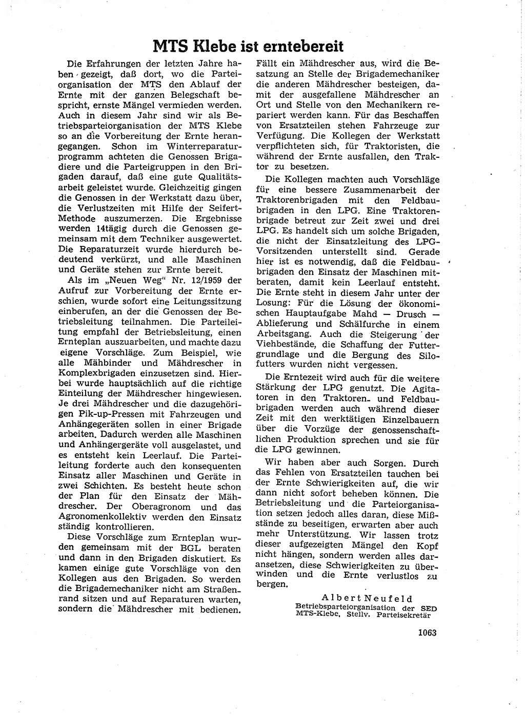 Neuer Weg (NW), Organ des Zentralkomitees (ZK) der SED (Sozialistische Einheitspartei Deutschlands) für Fragen des Parteiaufbaus und des Parteilebens, 14. Jahrgang [Deutsche Demokratische Republik (DDR)] 1959, Seite 1063 (NW ZK SED DDR 1959, S. 1063)