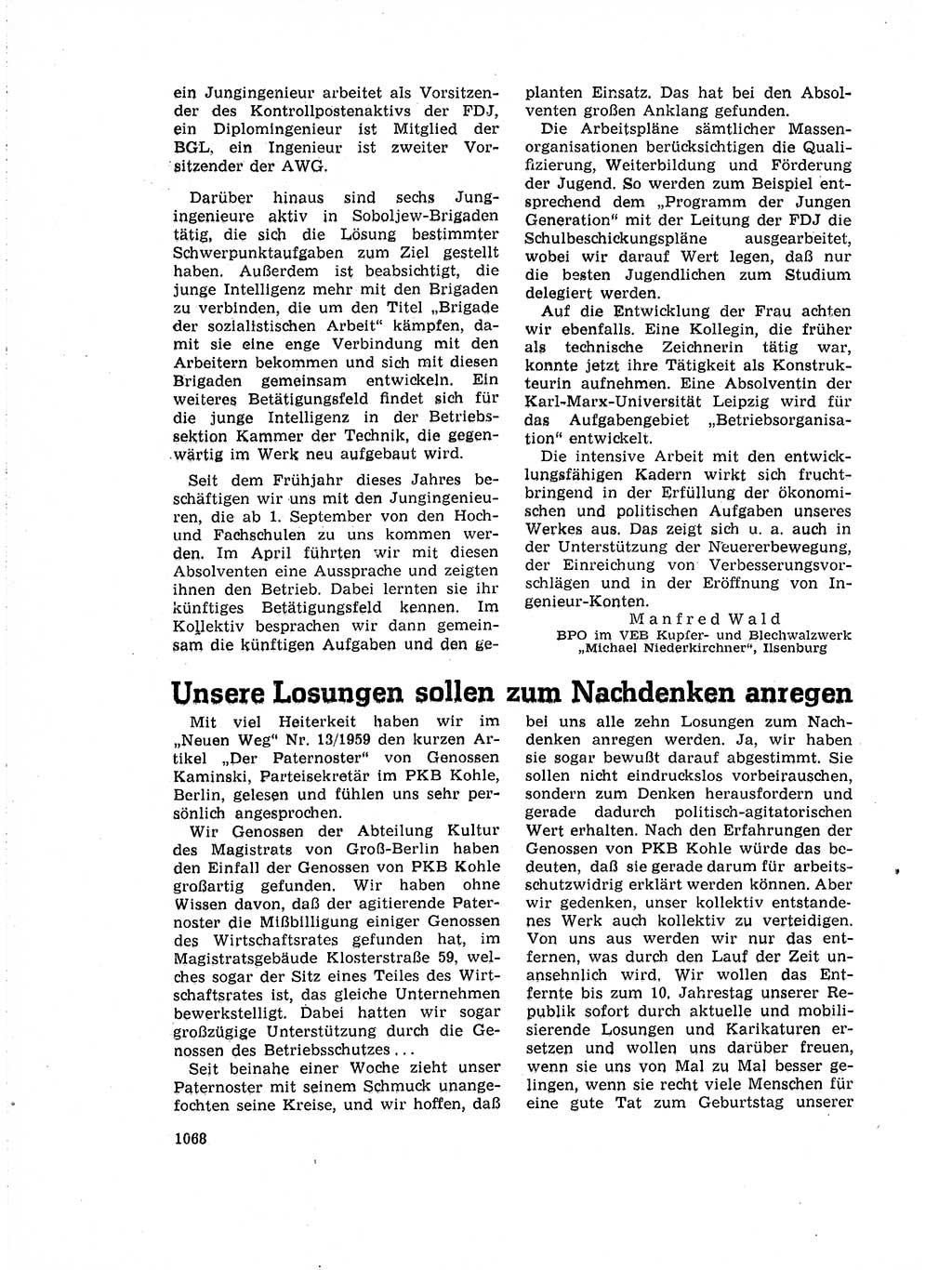 Neuer Weg (NW), Organ des Zentralkomitees (ZK) der SED (Sozialistische Einheitspartei Deutschlands) für Fragen des Parteiaufbaus und des Parteilebens, 14. Jahrgang [Deutsche Demokratische Republik (DDR)] 1959, Seite 1068 (NW ZK SED DDR 1959, S. 1068)