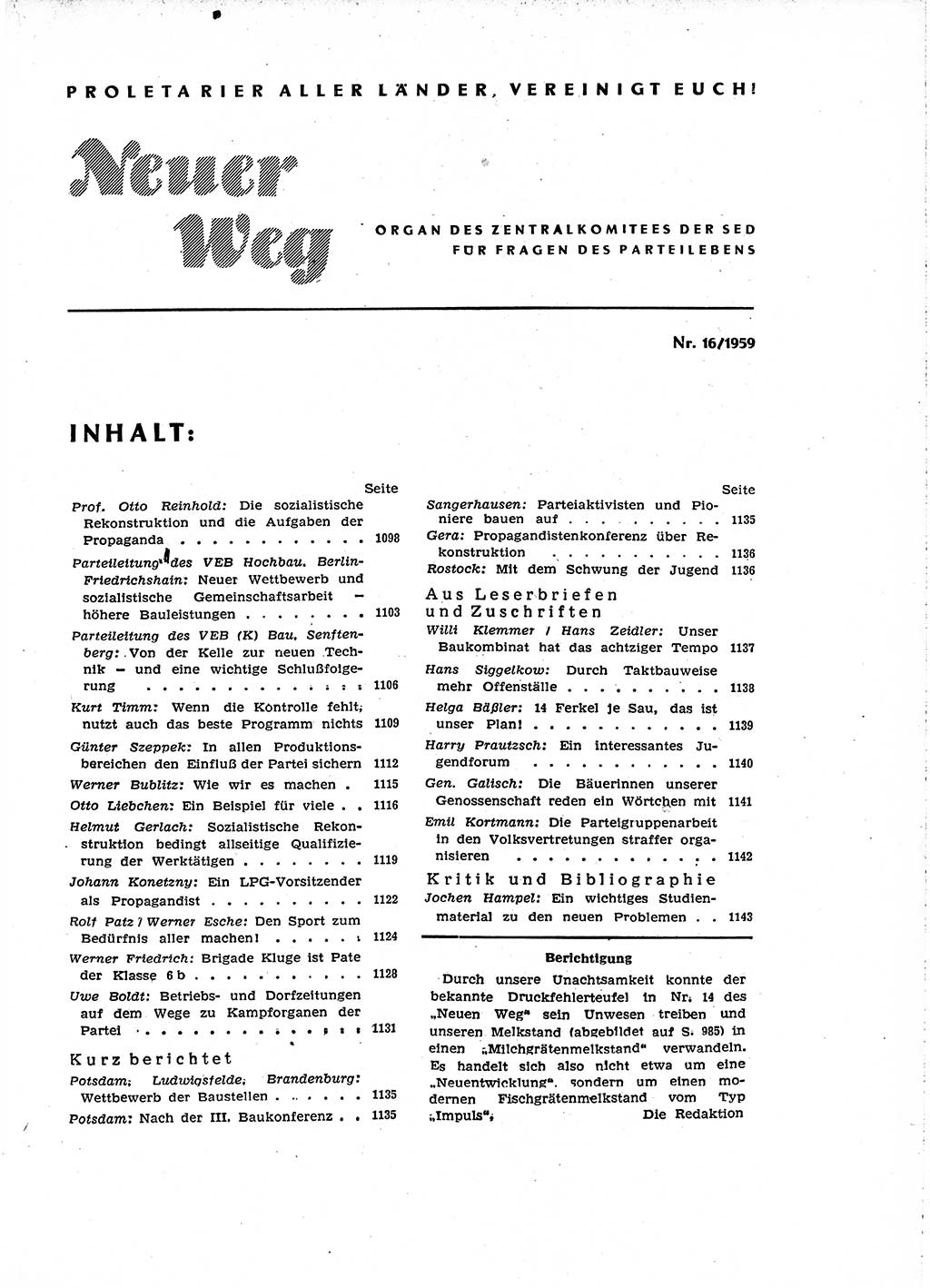 Neuer Weg (NW), Organ des Zentralkomitees (ZK) der SED (Sozialistische Einheitspartei Deutschlands) für Fragen des Parteiaufbaus und des Parteilebens, 14. Jahrgang [Deutsche Demokratische Republik (DDR)] 1959, Seite 1097 (NW ZK SED DDR 1959, S. 1097)