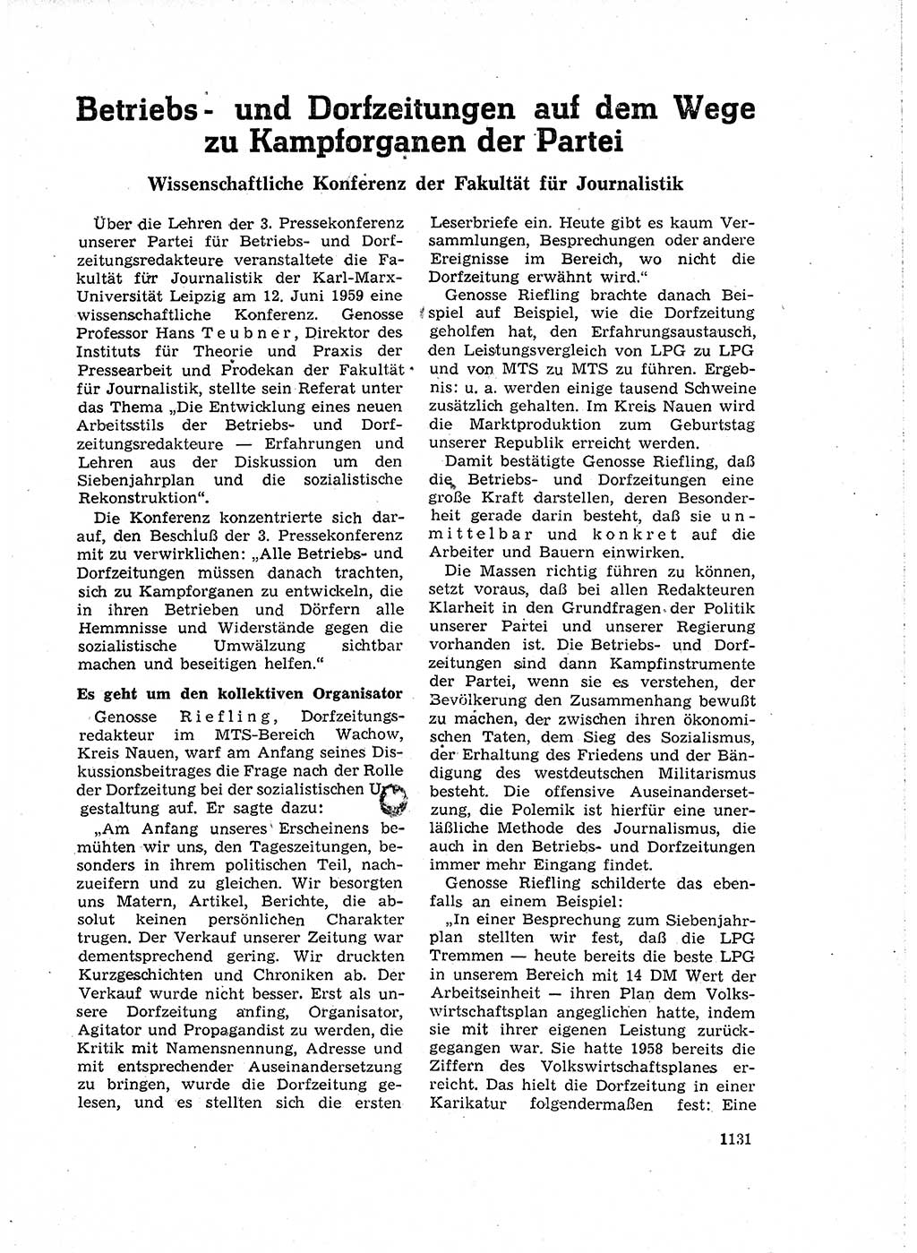 Neuer Weg (NW), Organ des Zentralkomitees (ZK) der SED (Sozialistische Einheitspartei Deutschlands) für Fragen des Parteiaufbaus und des Parteilebens, 14. Jahrgang [Deutsche Demokratische Republik (DDR)] 1959, Seite 1131 (NW ZK SED DDR 1959, S. 1131)