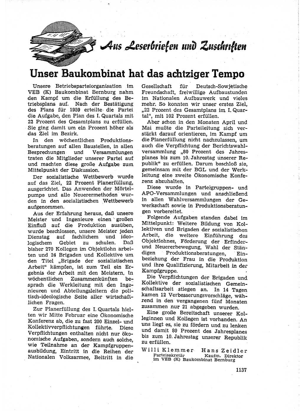 Neuer Weg (NW), Organ des Zentralkomitees (ZK) der SED (Sozialistische Einheitspartei Deutschlands) für Fragen des Parteiaufbaus und des Parteilebens, 14. Jahrgang [Deutsche Demokratische Republik (DDR)] 1959, Seite 1137 (NW ZK SED DDR 1959, S. 1137)