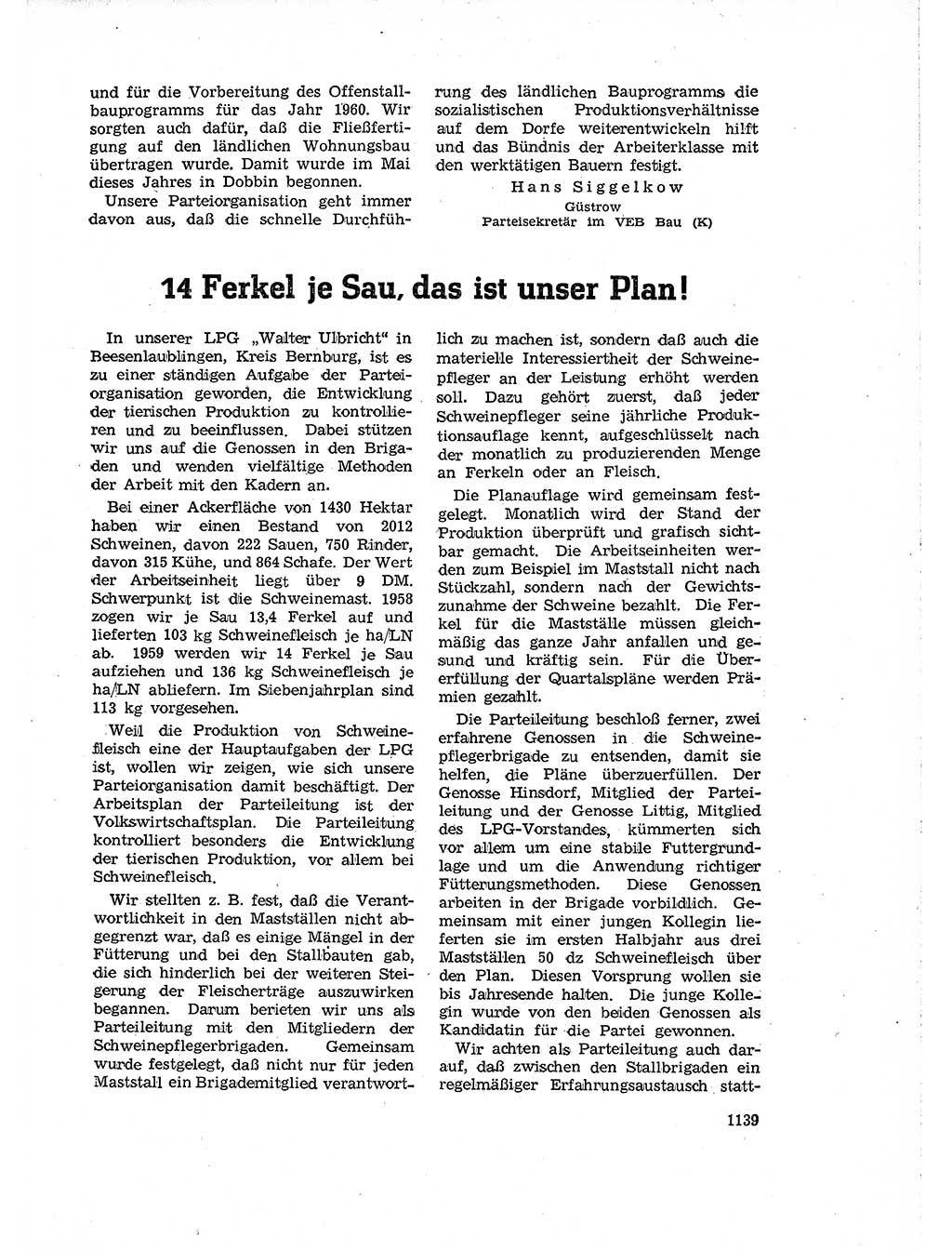 Neuer Weg (NW), Organ des Zentralkomitees (ZK) der SED (Sozialistische Einheitspartei Deutschlands) für Fragen des Parteiaufbaus und des Parteilebens, 14. Jahrgang [Deutsche Demokratische Republik (DDR)] 1959, Seite 1139 (NW ZK SED DDR 1959, S. 1139)