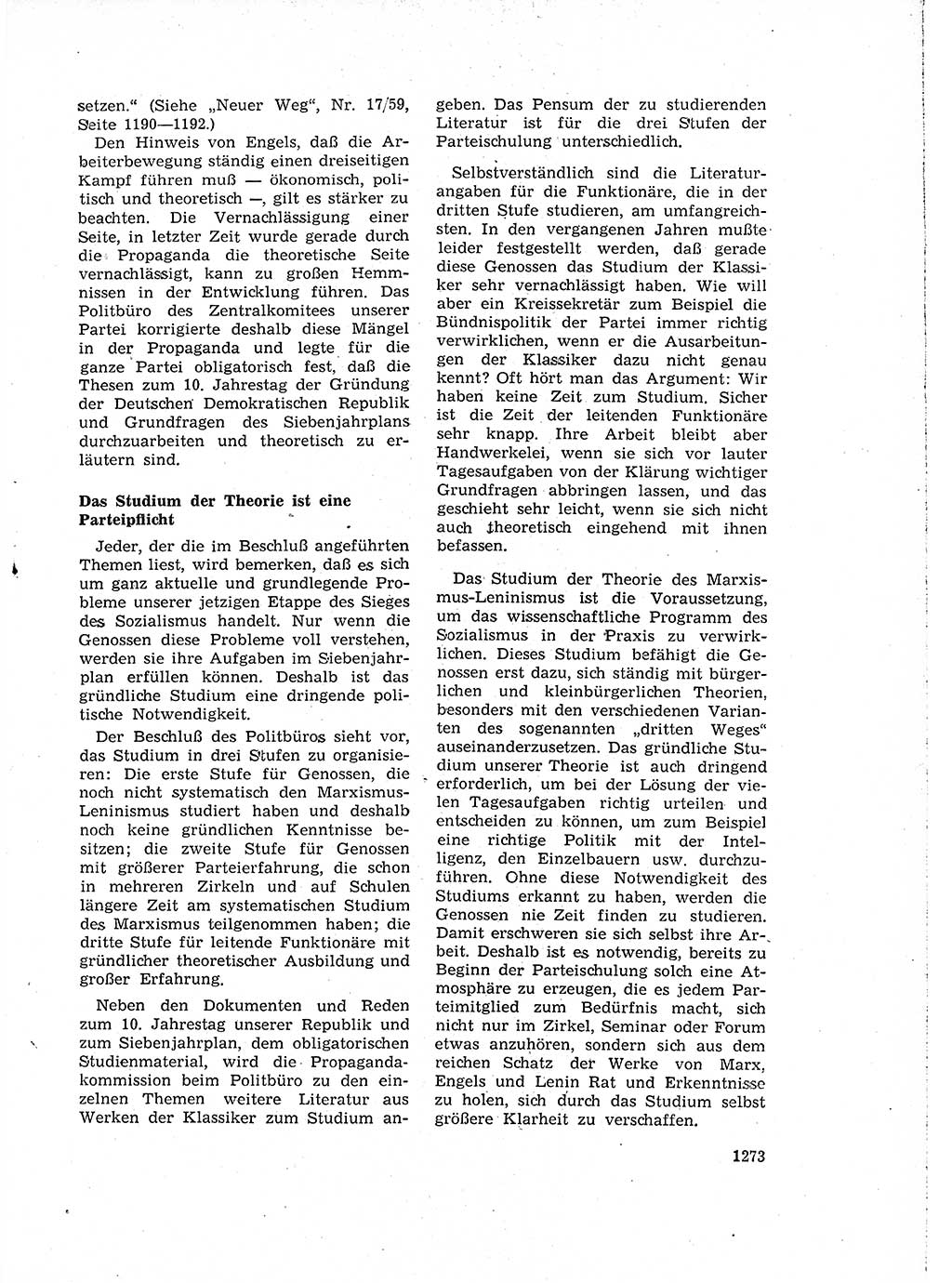 Neuer Weg (NW), Organ des Zentralkomitees (ZK) der SED (Sozialistische Einheitspartei Deutschlands) für Fragen des Parteiaufbaus und des Parteilebens, 14. Jahrgang [Deutsche Demokratische Republik (DDR)] 1959, Seite 1273 (NW ZK SED DDR 1959, S. 1273)