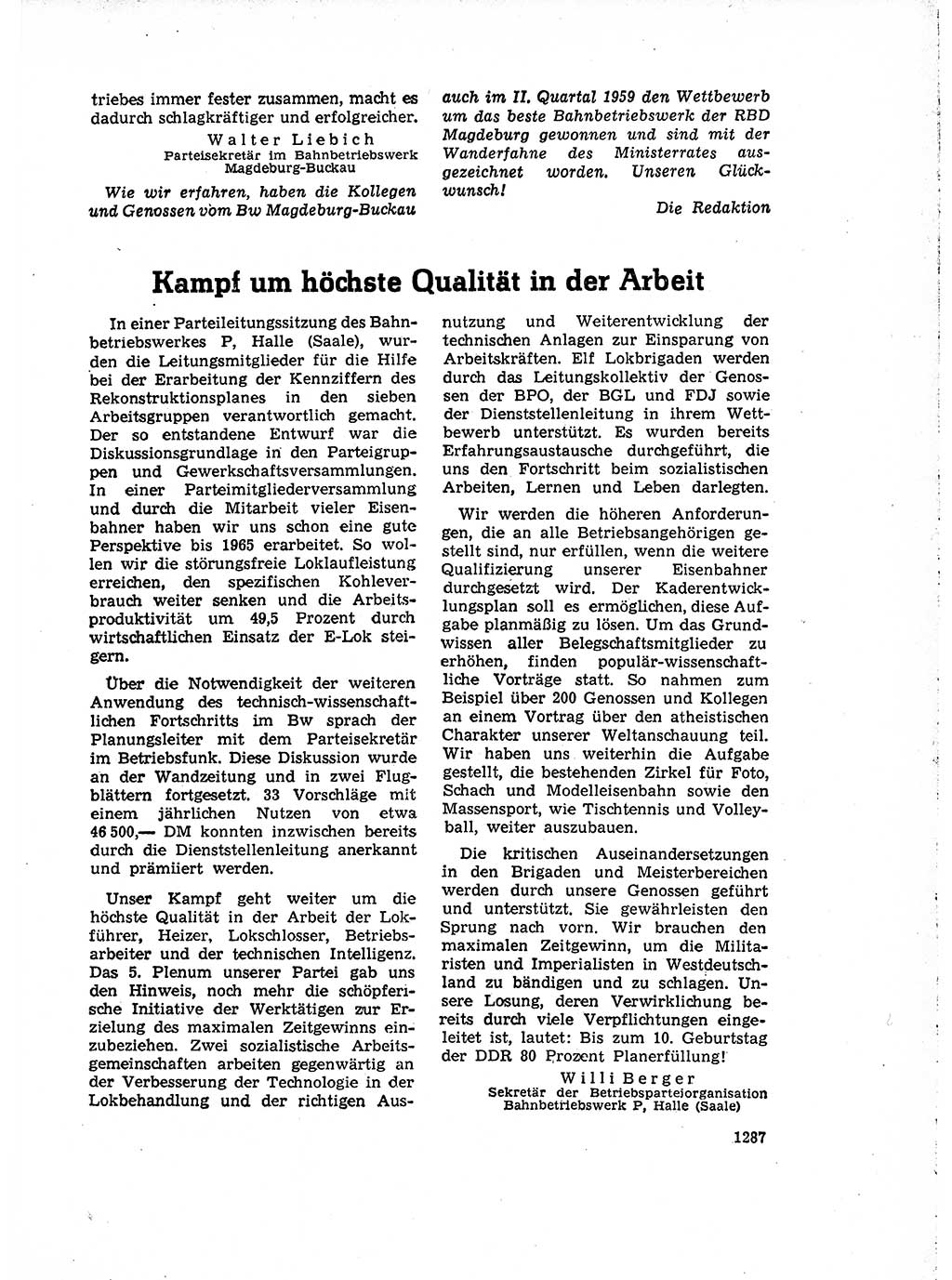 Neuer Weg (NW), Organ des Zentralkomitees (ZK) der SED (Sozialistische Einheitspartei Deutschlands) für Fragen des Parteiaufbaus und des Parteilebens, 14. Jahrgang [Deutsche Demokratische Republik (DDR)] 1959, Seite 1287 (NW ZK SED DDR 1959, S. 1287)