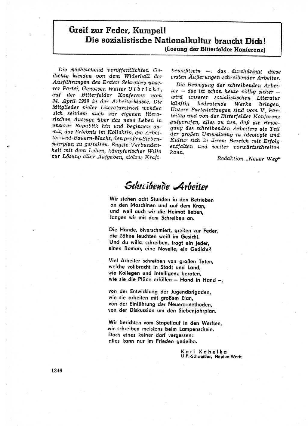 Neuer Weg (NW), Organ des Zentralkomitees (ZK) der SED (Sozialistische Einheitspartei Deutschlands) für Fragen des Parteiaufbaus und des Parteilebens, 14. Jahrgang [Deutsche Demokratische Republik (DDR)] 1959, Seite 1346 (NW ZK SED DDR 1959, S. 1346)