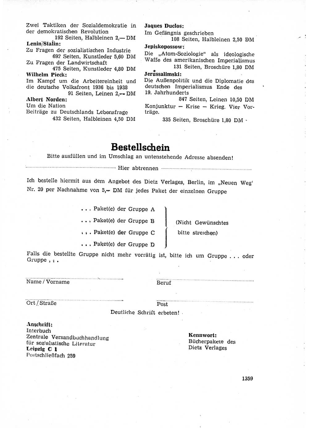 Neuer Weg (NW), Organ des Zentralkomitees (ZK) der SED (Sozialistische Einheitspartei Deutschlands) für Fragen des Parteiaufbaus und des Parteilebens, 14. Jahrgang [Deutsche Demokratische Republik (DDR)] 1959, Seite 1359 (NW ZK SED DDR 1959, S. 1359)