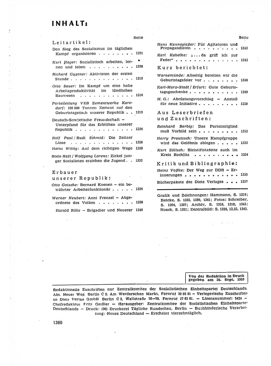 Neuer Weg (NW), Organ des Zentralkomitees (ZK) der SED (Sozialistische Einheitspartei Deutschlands) für Fragen des Parteiaufbaus und des Parteilebens, 14. Jahrgang [Deutsche Demokratische Republik (DDR)] 1959, Seite 1360 (NW ZK SED DDR 1959, S. 1360)