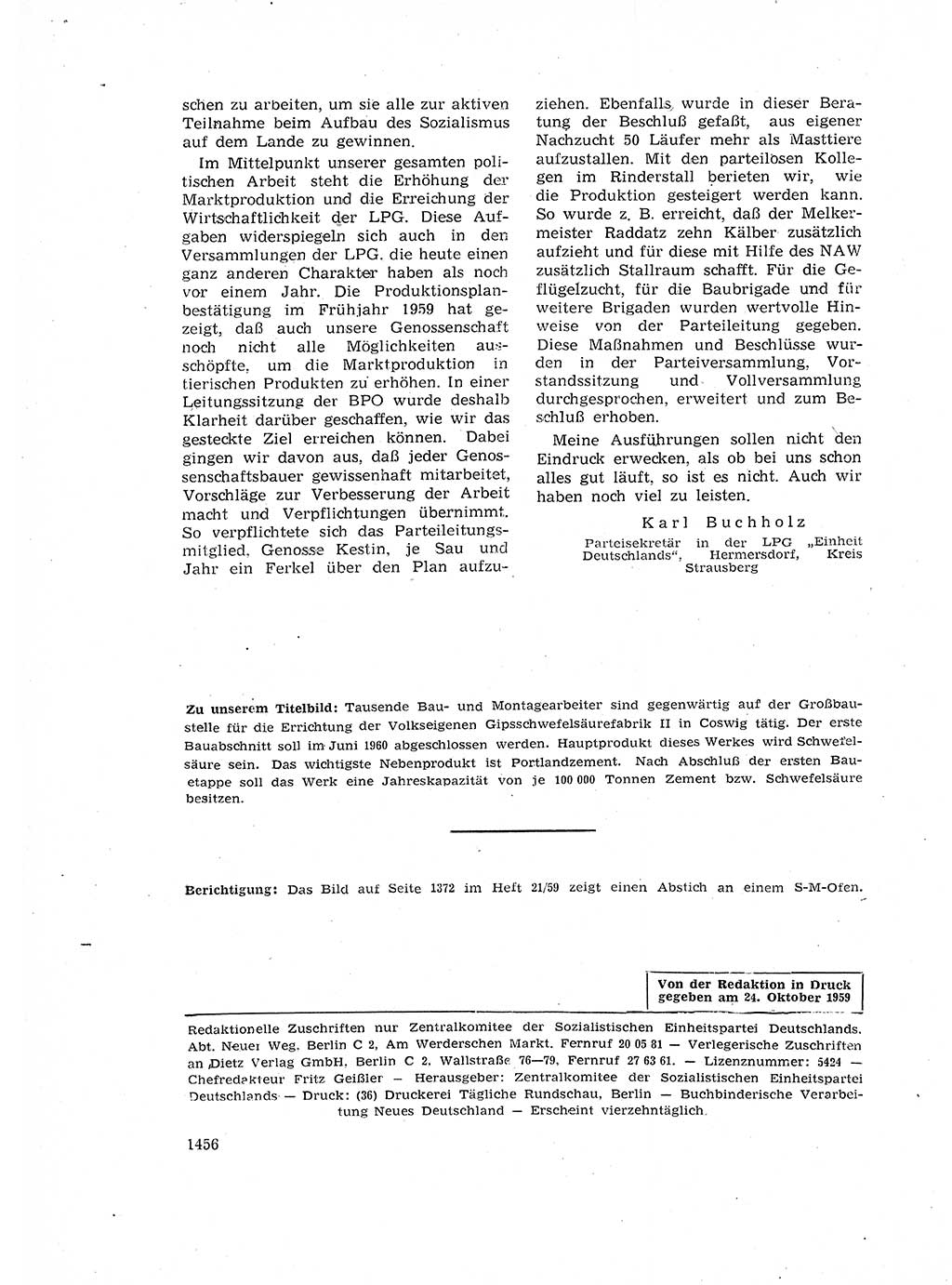 Neuer Weg (NW), Organ des Zentralkomitees (ZK) der SED (Sozialistische Einheitspartei Deutschlands) für Fragen des Parteiaufbaus und des Parteilebens, 14. Jahrgang [Deutsche Demokratische Republik (DDR)] 1959, Seite 1456 (NW ZK SED DDR 1959, S. 1456)