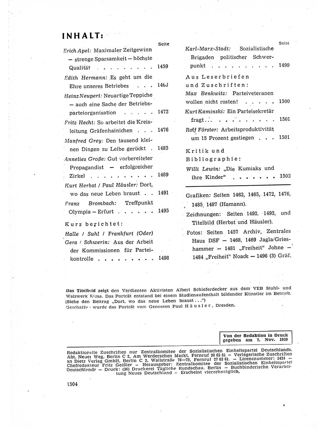 Neuer Weg (NW), Organ des Zentralkomitees (ZK) der SED (Sozialistische Einheitspartei Deutschlands) für Fragen des Parteiaufbaus und des Parteilebens, 14. Jahrgang [Deutsche Demokratische Republik (DDR)] 1959, Seite 1504 (NW ZK SED DDR 1959, S. 1504)