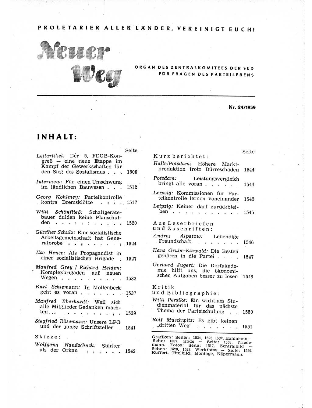 Neuer Weg (NW), Organ des Zentralkomitees (ZK) der SED (Sozialistische Einheitspartei Deutschlands) für Fragen des Parteiaufbaus und des Parteilebens, 14. Jahrgang [Deutsche Demokratische Republik (DDR)] 1959, Seite 1505 (NW ZK SED DDR 1959, S. 1505)