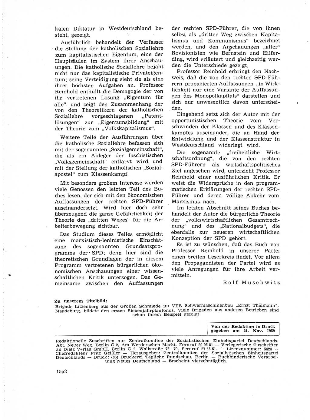 Neuer Weg (NW), Organ des Zentralkomitees (ZK) der SED (Sozialistische Einheitspartei Deutschlands) für Fragen des Parteiaufbaus und des Parteilebens, 14. Jahrgang [Deutsche Demokratische Republik (DDR)] 1959, Seite 1552 (NW ZK SED DDR 1959, S. 1552)