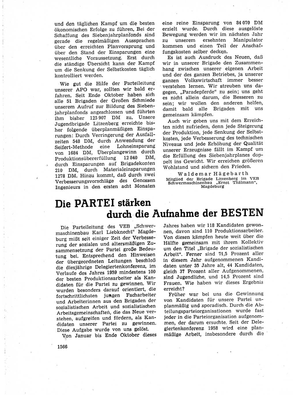 Neuer Weg (NW), Organ des Zentralkomitees (ZK) der SED (Sozialistische Einheitspartei Deutschlands) für Fragen des Parteiaufbaus und des Parteilebens, 14. Jahrgang [Deutsche Demokratische Republik (DDR)] 1959, Seite 1566 (NW ZK SED DDR 1959, S. 1566)