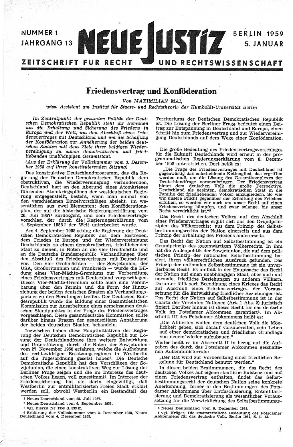 Neue Justiz (NJ), Zeitschrift für Recht und Rechtswissenschaft [Deutsche Demokratische Republik (DDR)], 13. Jahrgang 1959, Seite 1 (NJ DDR 1959, S. 1)