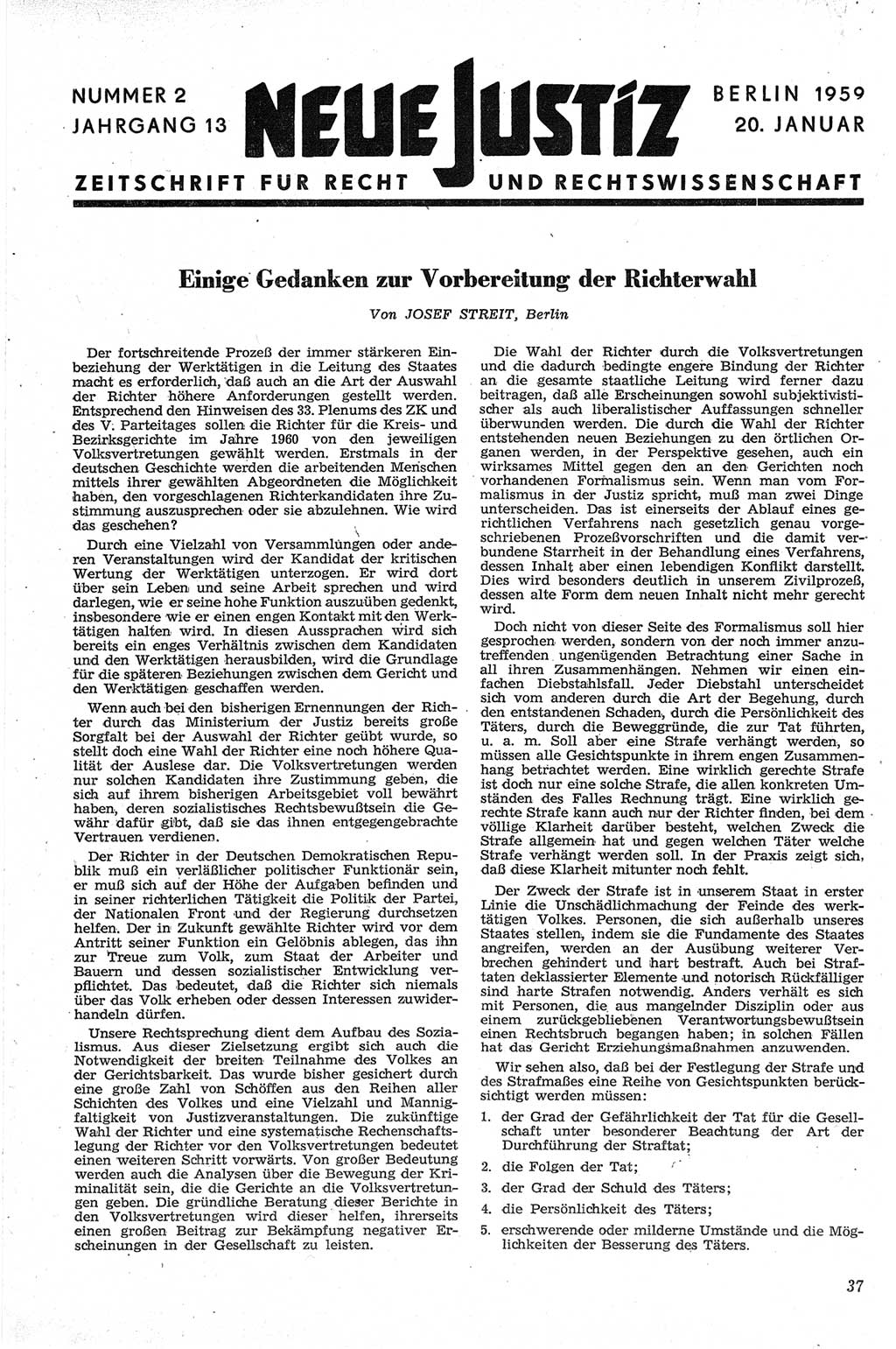 Neue Justiz (NJ), Zeitschrift für Recht und Rechtswissenschaft [Deutsche Demokratische Republik (DDR)], 13. Jahrgang 1959, Seite 37 (NJ DDR 1959, S. 37)