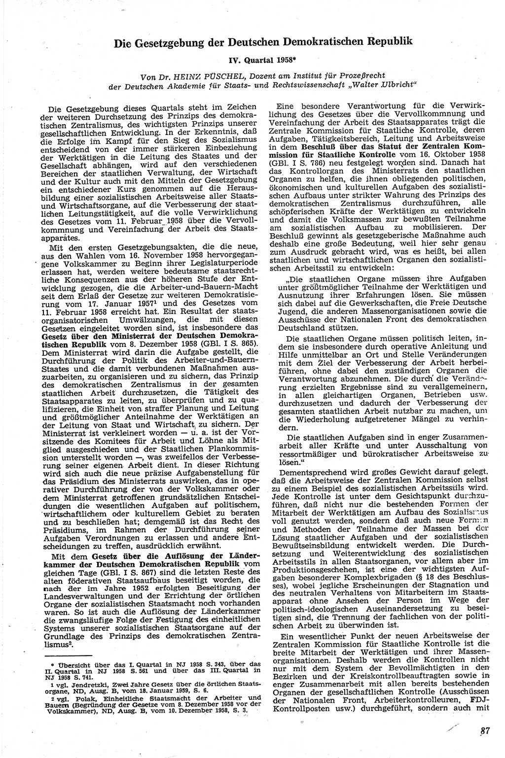 Neue Justiz (NJ), Zeitschrift für Recht und Rechtswissenschaft [Deutsche Demokratische Republik (DDR)], 13. Jahrgang 1959, Seite 87 (NJ DDR 1959, S. 87)