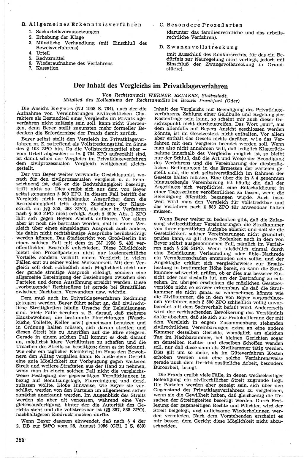 Neue Justiz (NJ), Zeitschrift für Recht und Rechtswissenschaft [Deutsche Demokratische Republik (DDR)], 13. Jahrgang 1959, Seite 168 (NJ DDR 1959, S. 168)