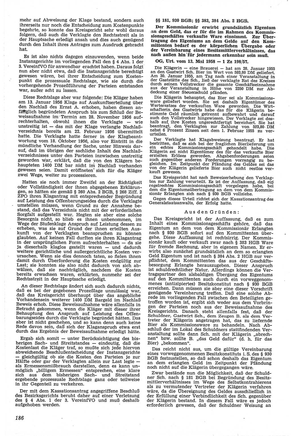Neue Justiz (NJ), Zeitschrift für Recht und Rechtswissenschaft [Deutsche Demokratische Republik (DDR)], 13. Jahrgang 1959, Seite 186 (NJ DDR 1959, S. 186)