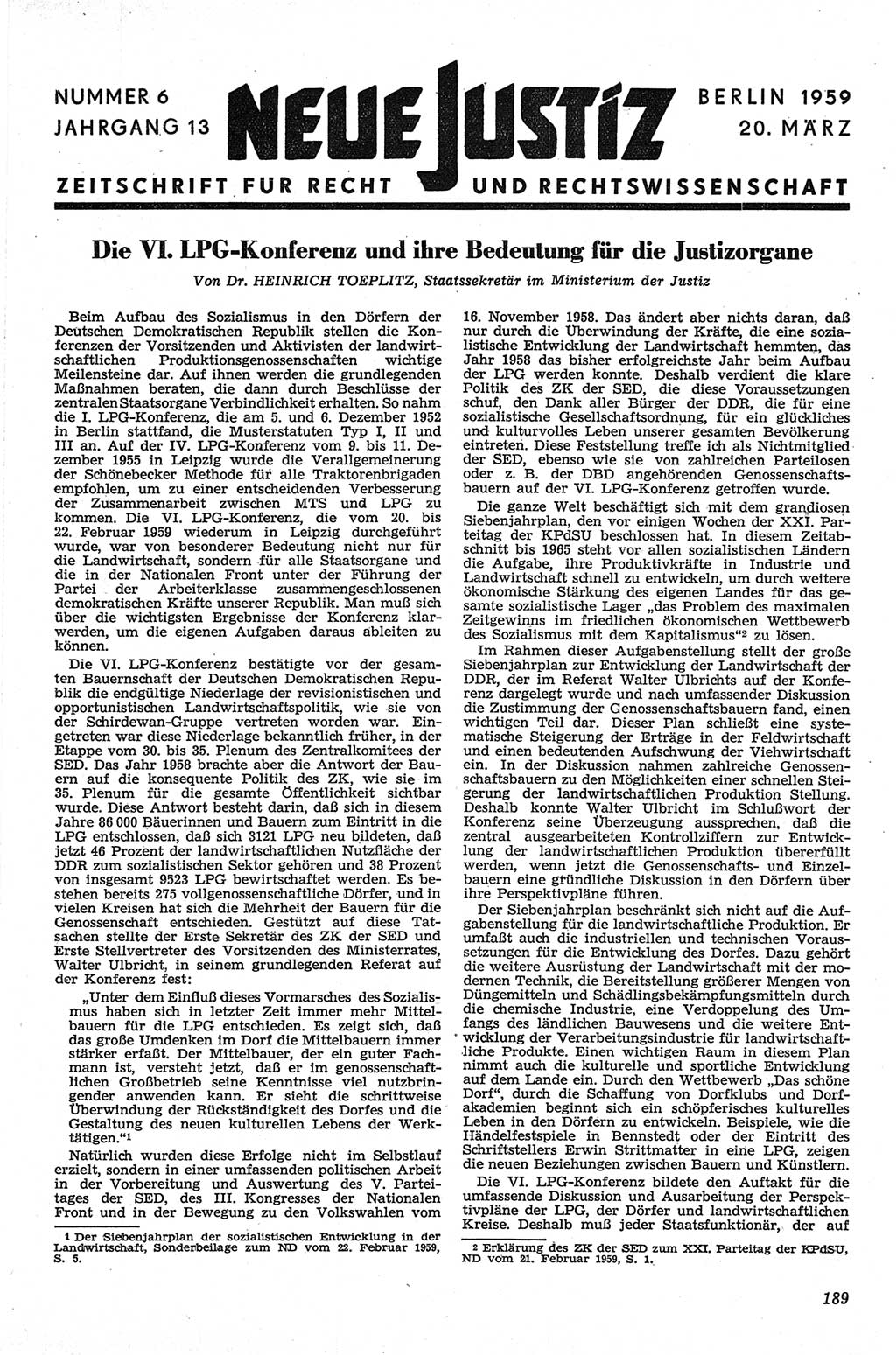 Neue Justiz (NJ), Zeitschrift für Recht und Rechtswissenschaft [Deutsche Demokratische Republik (DDR)], 13. Jahrgang 1959, Seite 189 (NJ DDR 1959, S. 189)