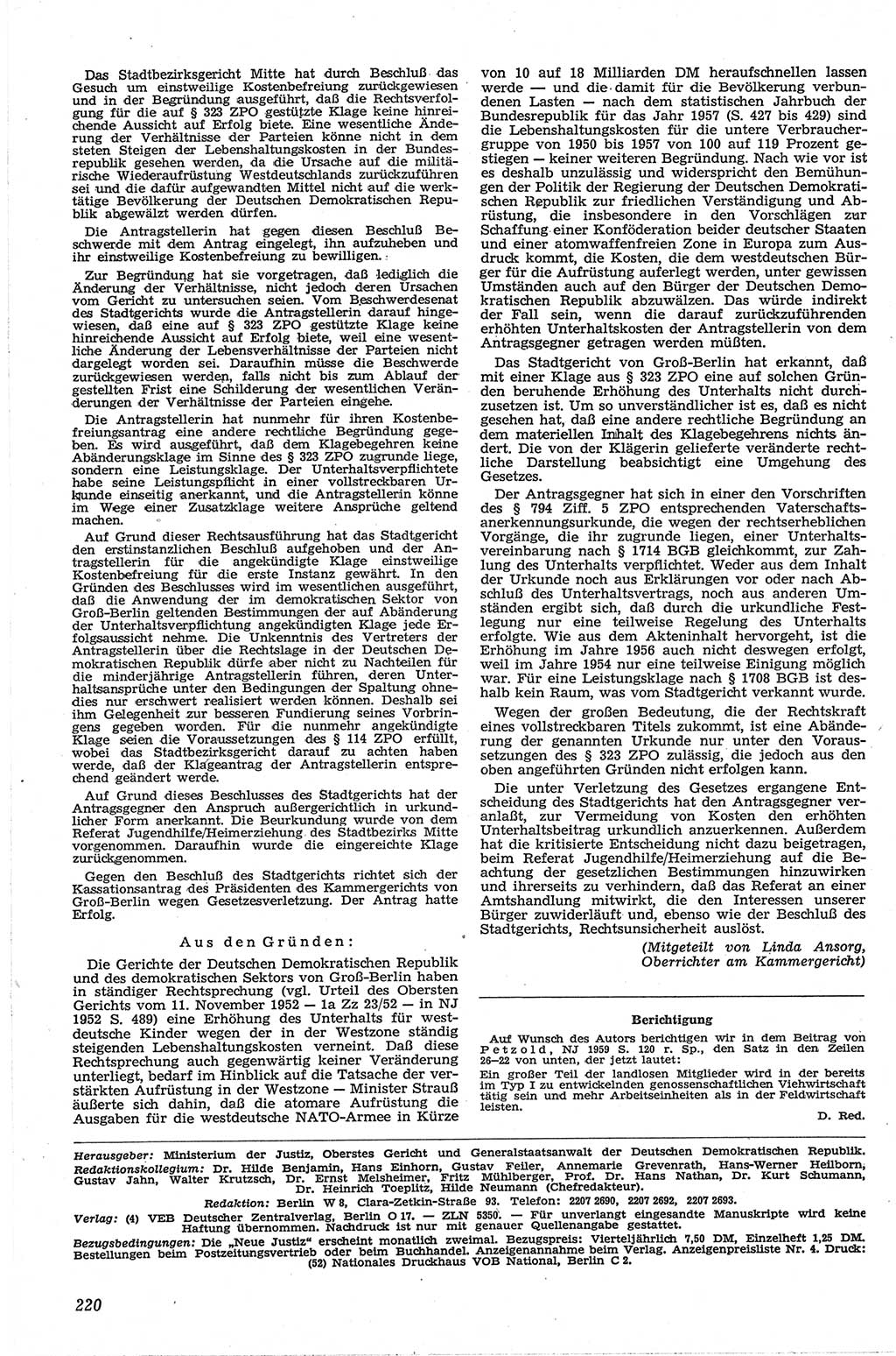 Neue Justiz (NJ), Zeitschrift für Recht und Rechtswissenschaft [Deutsche Demokratische Republik (DDR)], 13. Jahrgang 1959, Seite 220 (NJ DDR 1959, S. 220)