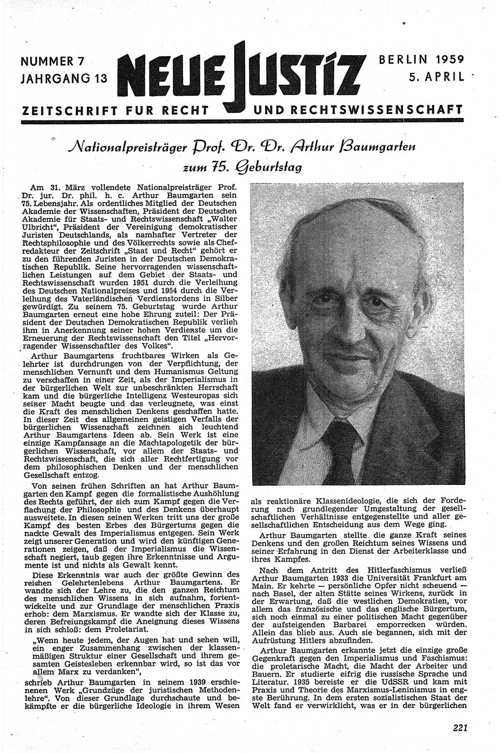 Neue Justiz (NJ), Zeitschrift für Recht und Rechtswissenschaft [Deutsche Demokratische Republik (DDR)], 13. Jahrgang 1959, Seite 221 (NJ DDR 1959, S. 221)