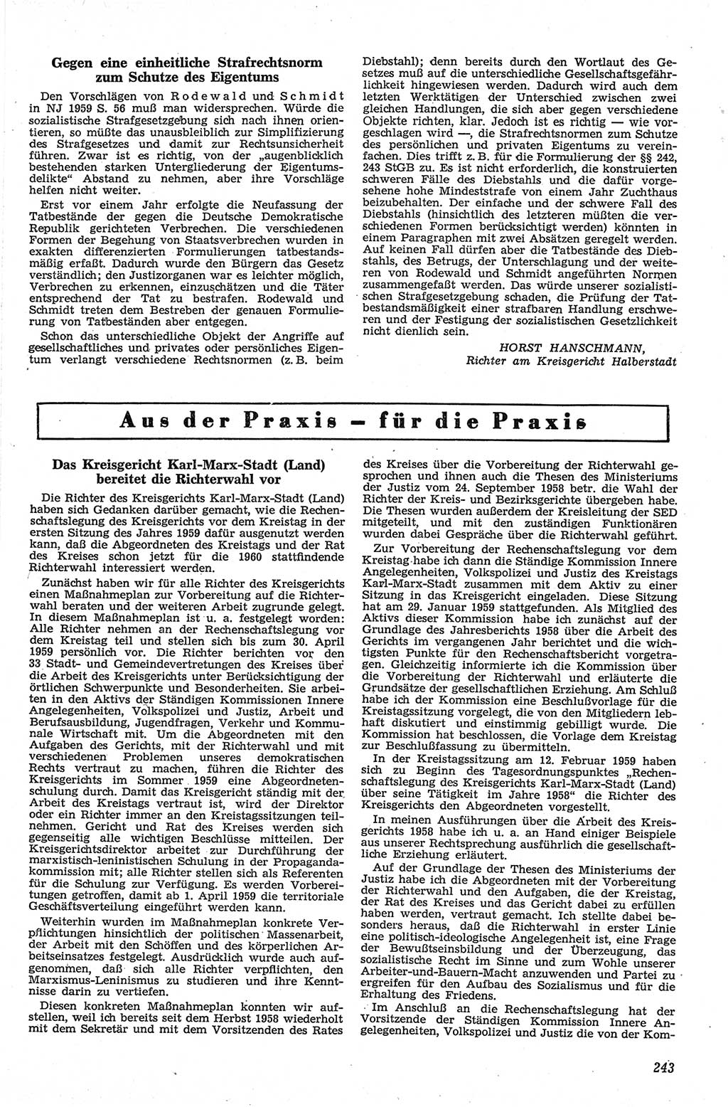 Neue Justiz (NJ), Zeitschrift für Recht und Rechtswissenschaft [Deutsche Demokratische Republik (DDR)], 13. Jahrgang 1959, Seite 243 (NJ DDR 1959, S. 243)