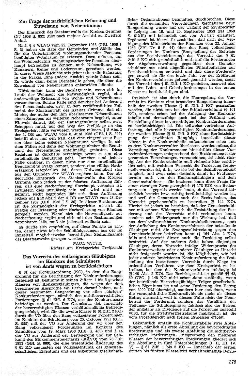 Neue Justiz (NJ), Zeitschrift für Recht und Rechtswissenschaft [Deutsche Demokratische Republik (DDR)], 13. Jahrgang 1959, Seite 275 (NJ DDR 1959, S. 275)