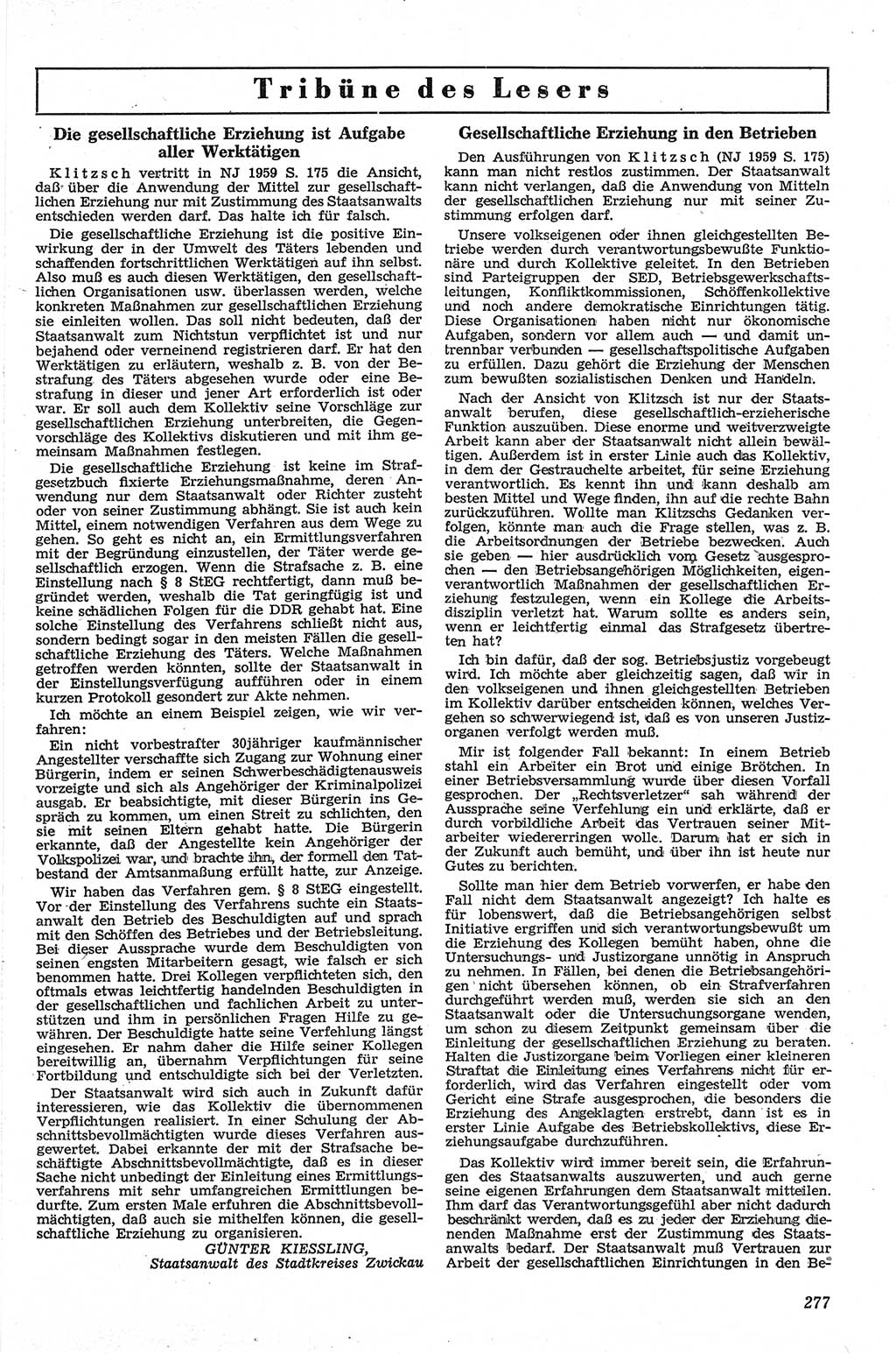 Neue Justiz (NJ), Zeitschrift für Recht und Rechtswissenschaft [Deutsche Demokratische Republik (DDR)], 13. Jahrgang 1959, Seite 277 (NJ DDR 1959, S. 277)