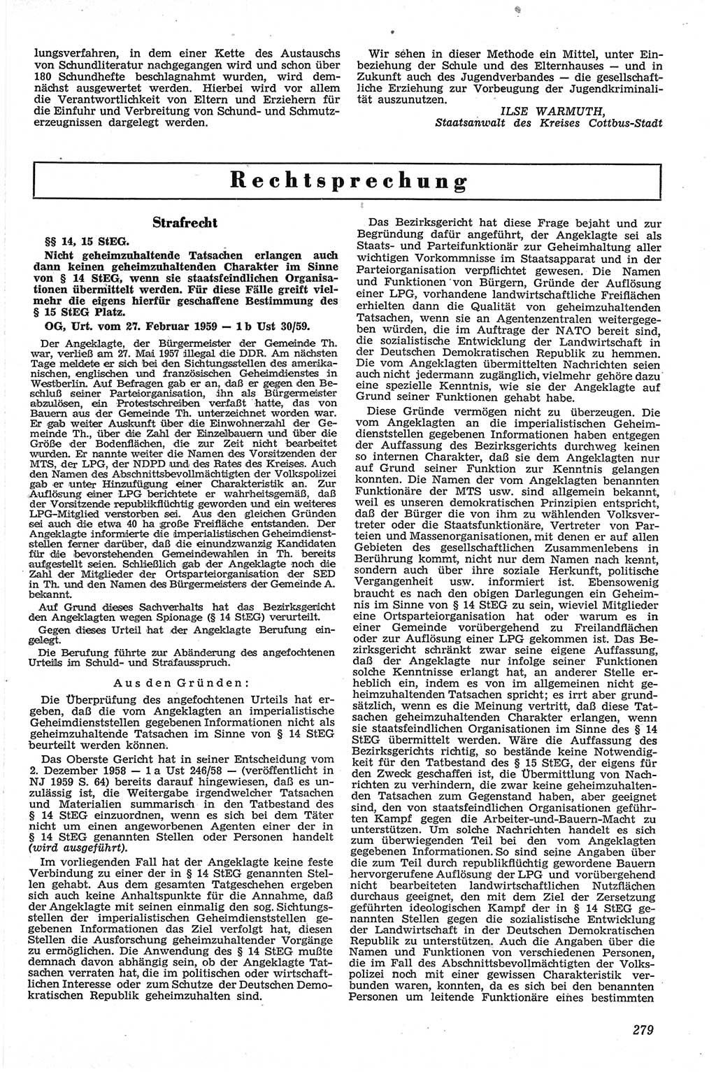 Neue Justiz (NJ), Zeitschrift für Recht und Rechtswissenschaft [Deutsche Demokratische Republik (DDR)], 13. Jahrgang 1959, Seite 279 (NJ DDR 1959, S. 279)