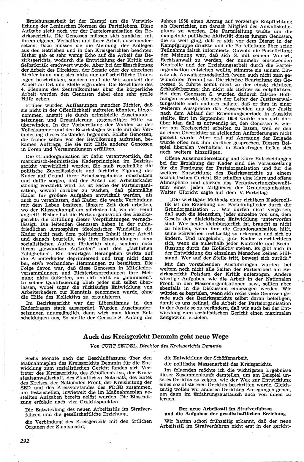 Neue Justiz (NJ), Zeitschrift für Recht und Rechtswissenschaft [Deutsche Demokratische Republik (DDR)], 13. Jahrgang 1959, Seite 292 (NJ DDR 1959, S. 292)