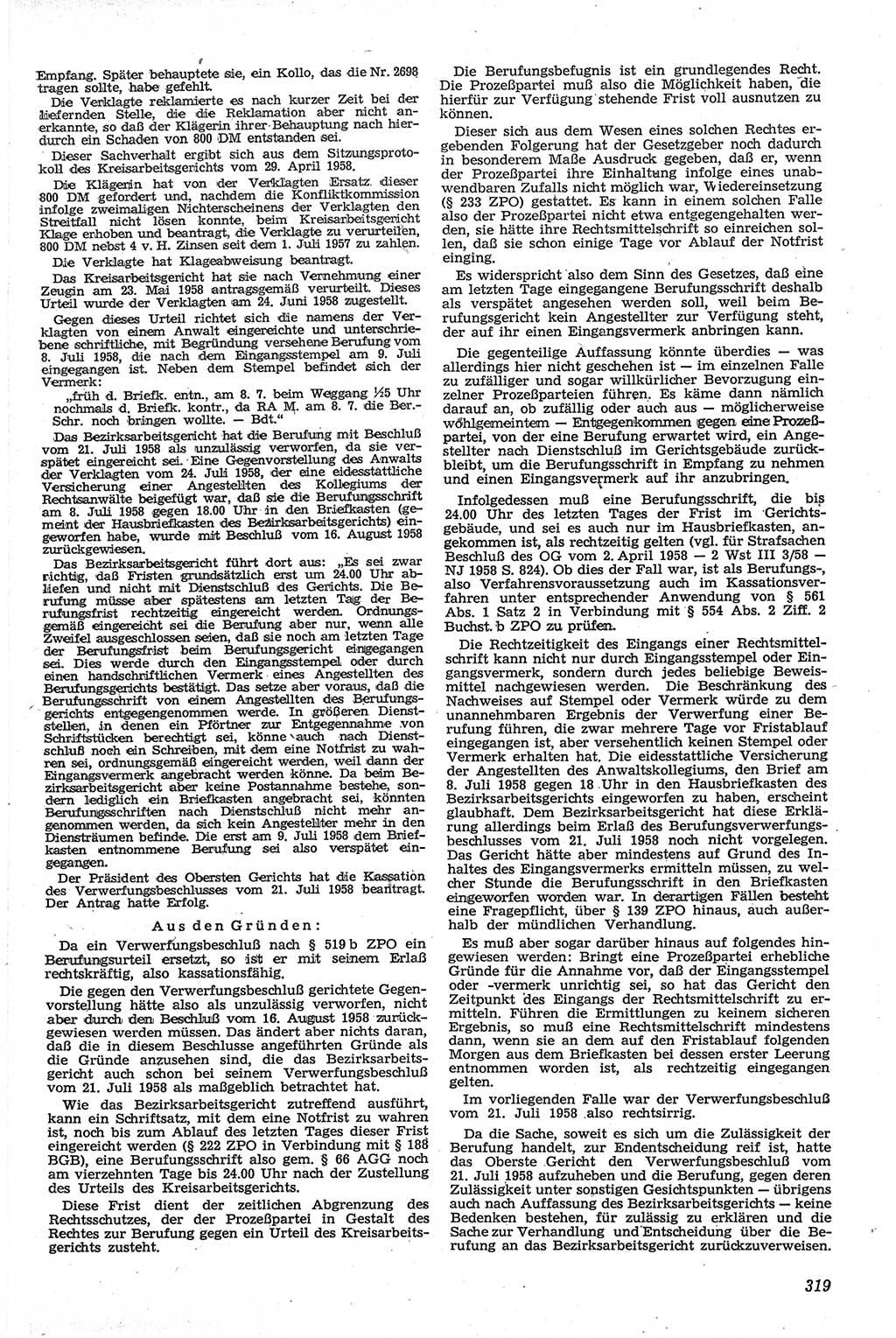 Neue Justiz (NJ), Zeitschrift für Recht und Rechtswissenschaft [Deutsche Demokratische Republik (DDR)], 13. Jahrgang 1959, Seite 319 (NJ DDR 1959, S. 319)