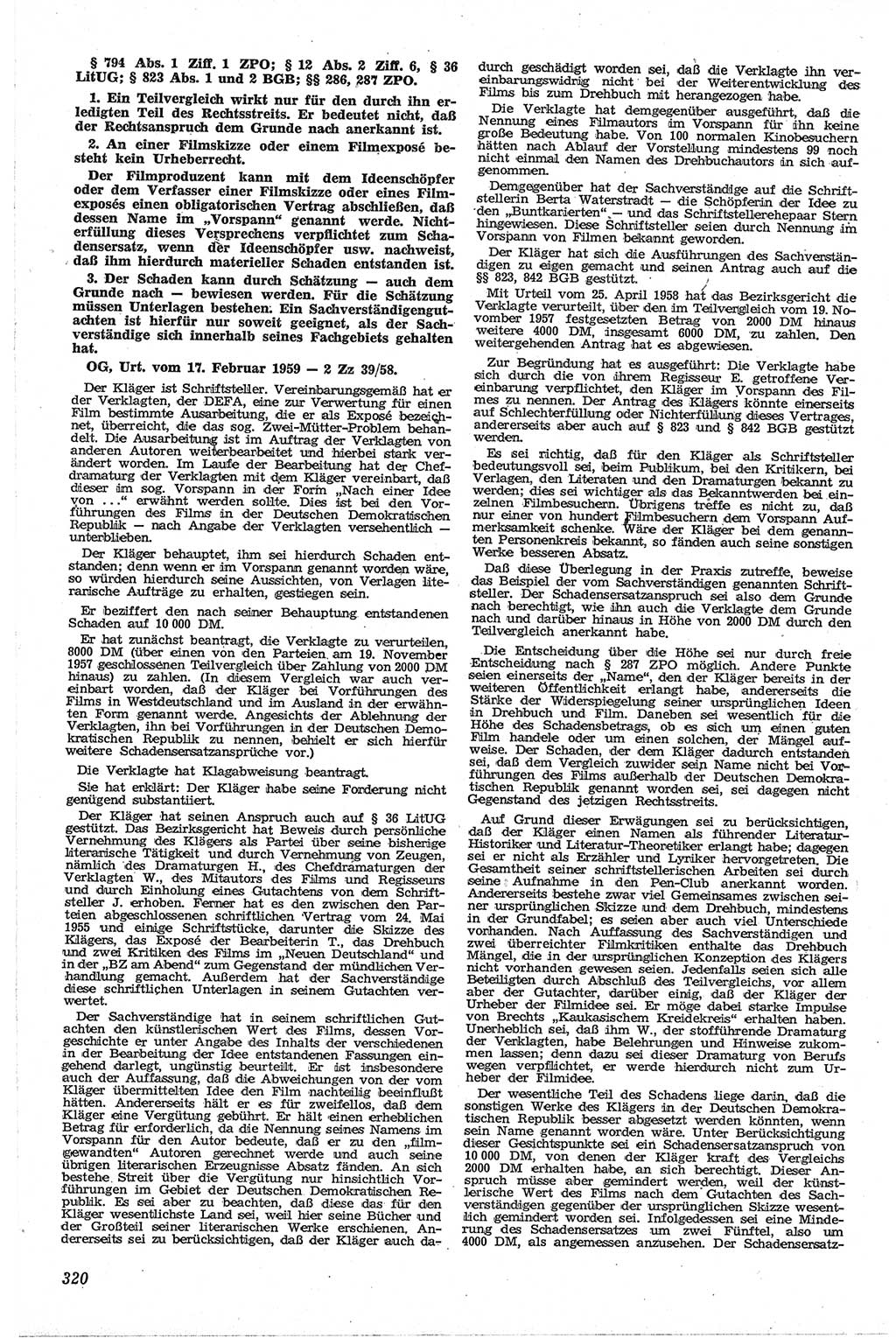 Neue Justiz (NJ), Zeitschrift für Recht und Rechtswissenschaft [Deutsche Demokratische Republik (DDR)], 13. Jahrgang 1959, Seite 320 (NJ DDR 1959, S. 320)