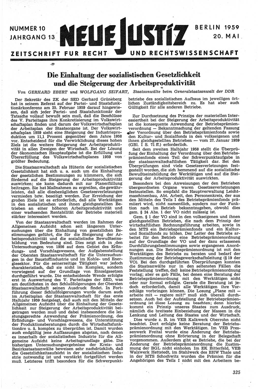 Neue Justiz (NJ), Zeitschrift für Recht und Rechtswissenschaft [Deutsche Demokratische Republik (DDR)], 13. Jahrgang 1959, Seite 325 (NJ DDR 1959, S. 325)