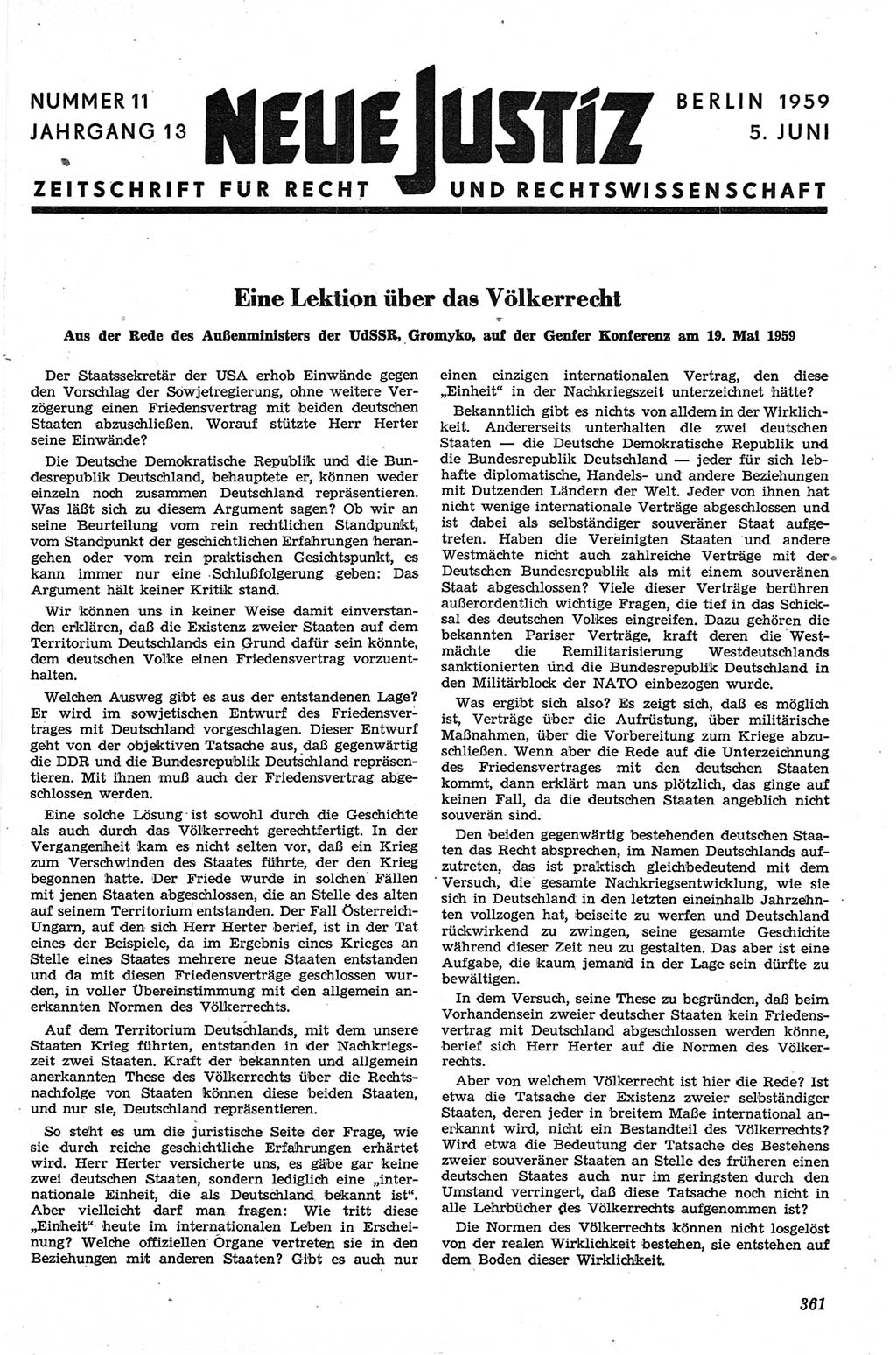 Neue Justiz (NJ), Zeitschrift für Recht und Rechtswissenschaft [Deutsche Demokratische Republik (DDR)], 13. Jahrgang 1959, Seite 361 (NJ DDR 1959, S. 361)