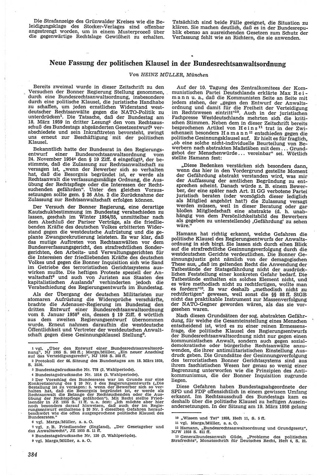Neue Justiz (NJ), Zeitschrift für Recht und Rechtswissenschaft [Deutsche Demokratische Republik (DDR)], 13. Jahrgang 1959, Seite 384 (NJ DDR 1959, S. 384)