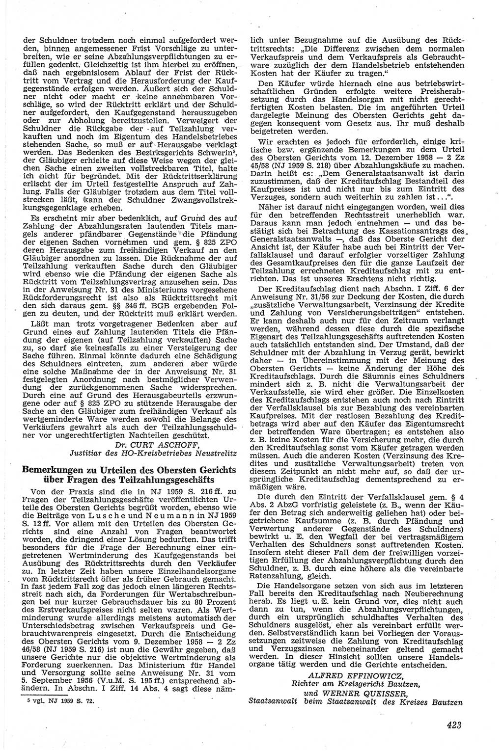 Neue Justiz (NJ), Zeitschrift für Recht und Rechtswissenschaft [Deutsche Demokratische Republik (DDR)], 13. Jahrgang 1959, Seite 423 (NJ DDR 1959, S. 423)