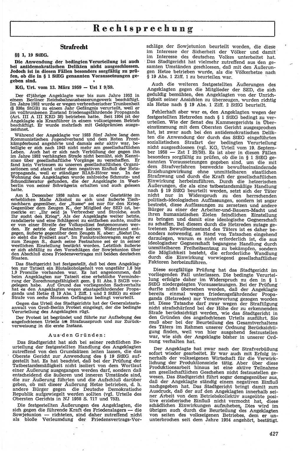 Neue Justiz (NJ), Zeitschrift für Recht und Rechtswissenschaft [Deutsche Demokratische Republik (DDR)], 13. Jahrgang 1959, Seite 427 (NJ DDR 1959, S. 427)