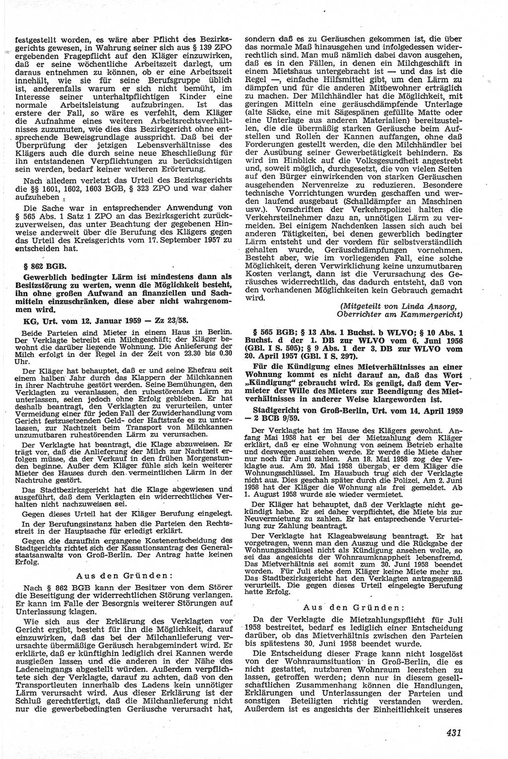 Neue Justiz (NJ), Zeitschrift für Recht und Rechtswissenschaft [Deutsche Demokratische Republik (DDR)], 13. Jahrgang 1959, Seite 431 (NJ DDR 1959, S. 431)