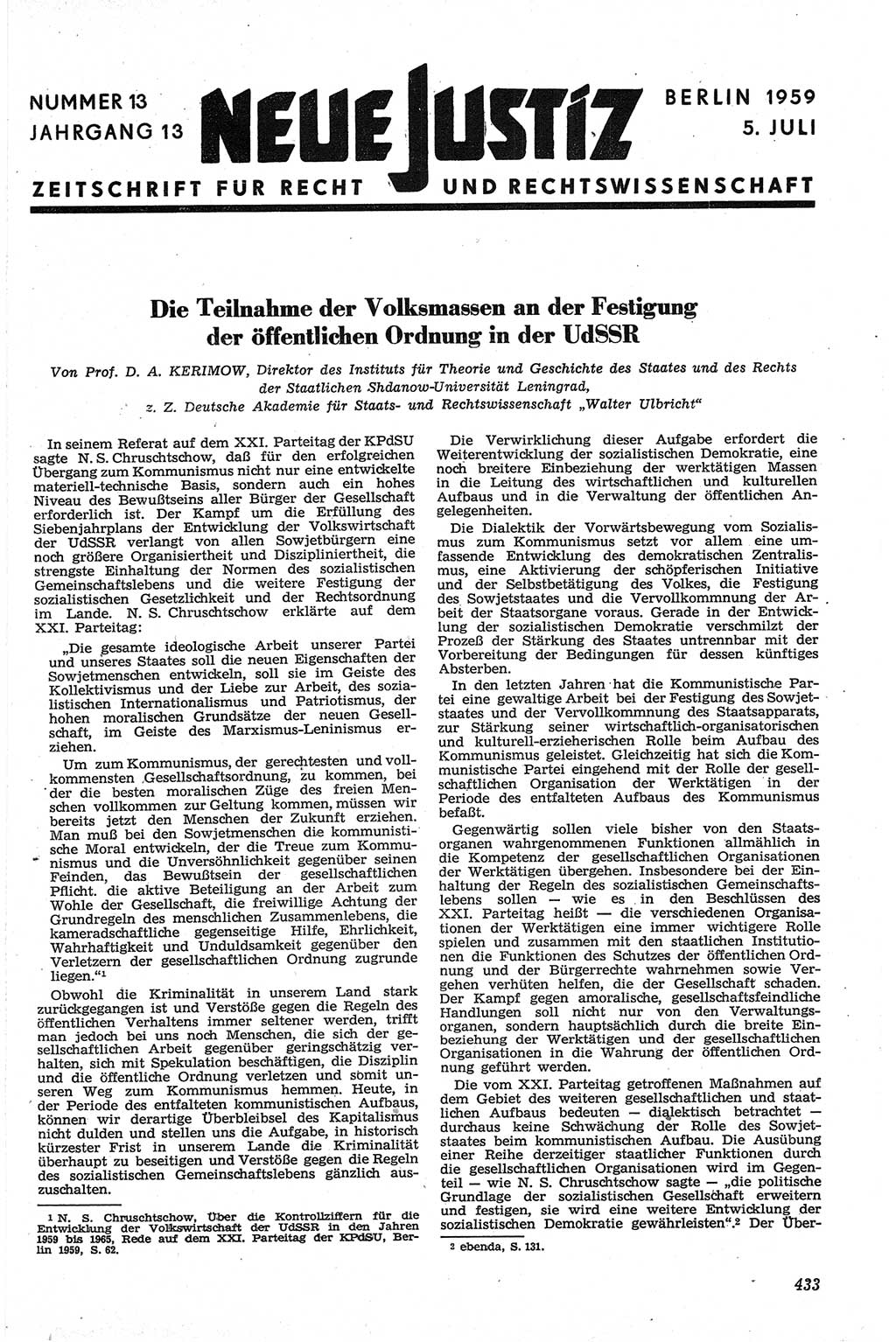 Neue Justiz (NJ), Zeitschrift für Recht und Rechtswissenschaft [Deutsche Demokratische Republik (DDR)], 13. Jahrgang 1959, Seite 433 (NJ DDR 1959, S. 433)