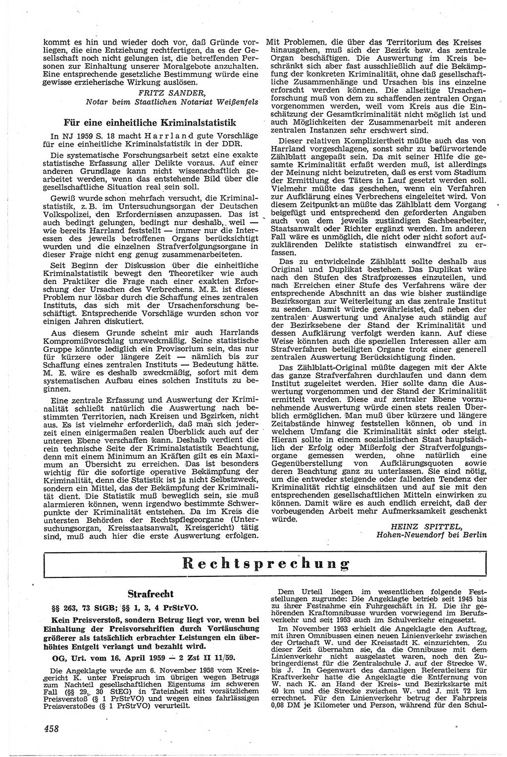 Neue Justiz (NJ), Zeitschrift für Recht und Rechtswissenschaft [Deutsche Demokratische Republik (DDR)], 13. Jahrgang 1959, Seite 458 (NJ DDR 1959, S. 458)