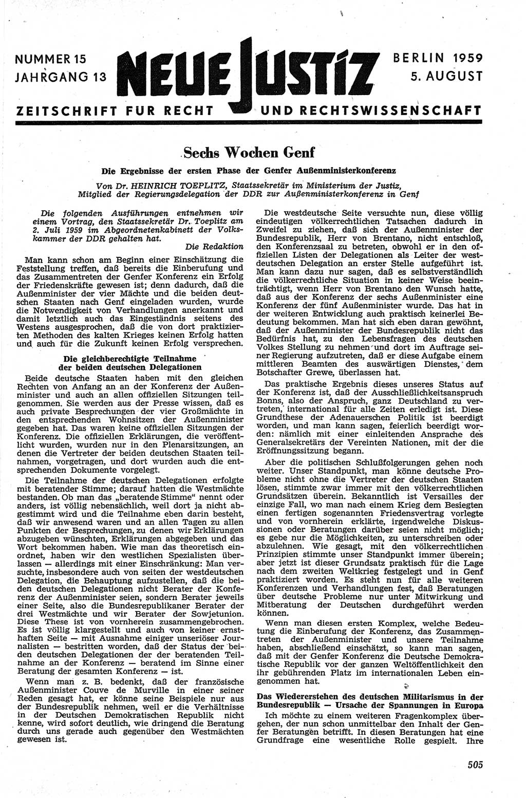 Neue Justiz (NJ), Zeitschrift für Recht und Rechtswissenschaft [Deutsche Demokratische Republik (DDR)], 13. Jahrgang 1959, Seite 505 (NJ DDR 1959, S. 505)