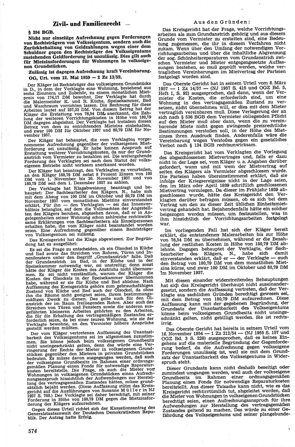 Neue Justiz (NJ), Zeitschrift für Recht und Rechtswissenschaft [Deutsche Demokratische Republik (DDR)], 13. Jahrgang 1959, Seite 574 (NJ DDR 1959, S. 574)