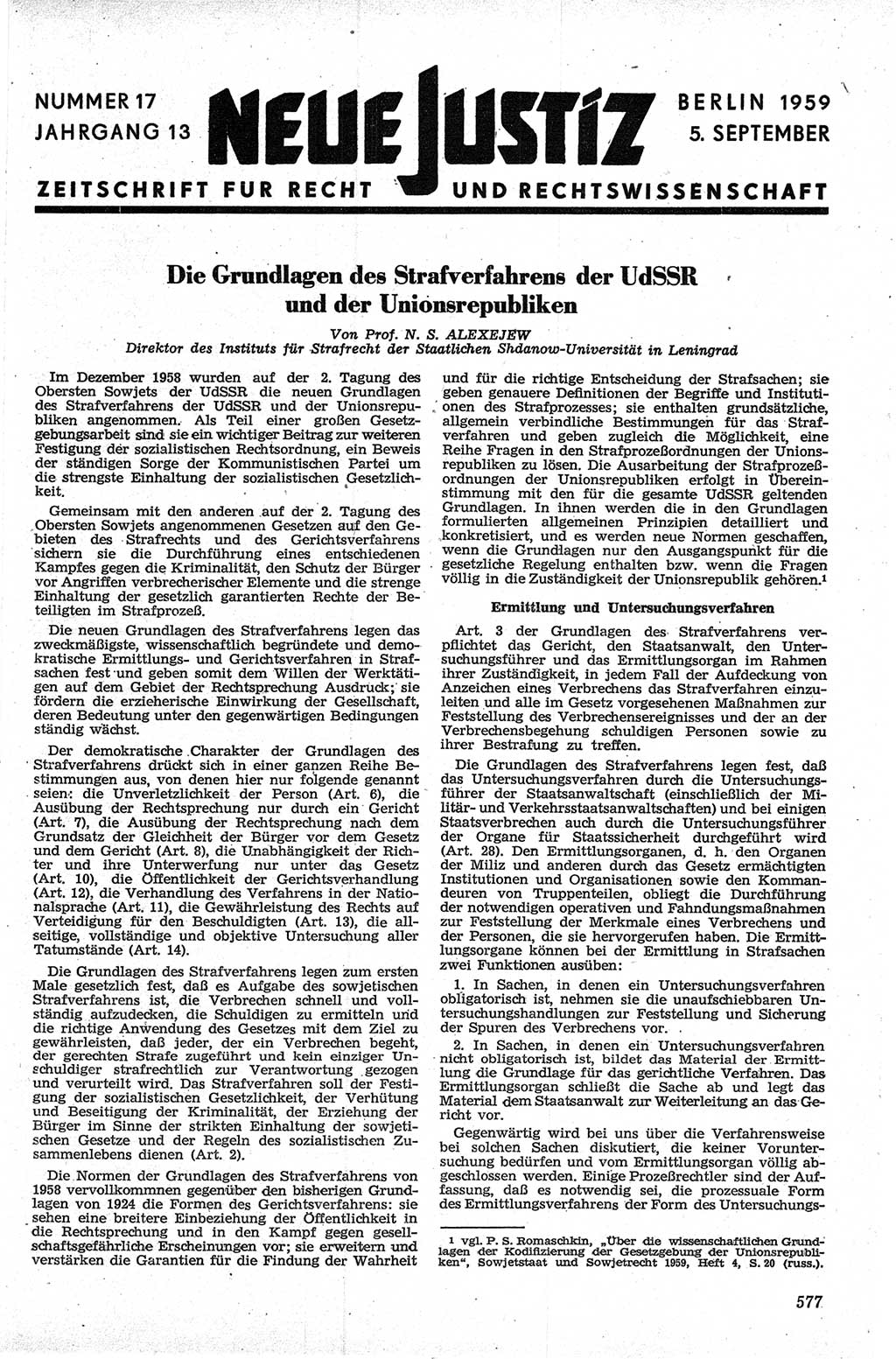 Neue Justiz (NJ), Zeitschrift für Recht und Rechtswissenschaft [Deutsche Demokratische Republik (DDR)], 13. Jahrgang 1959, Seite 577 (NJ DDR 1959, S. 577)