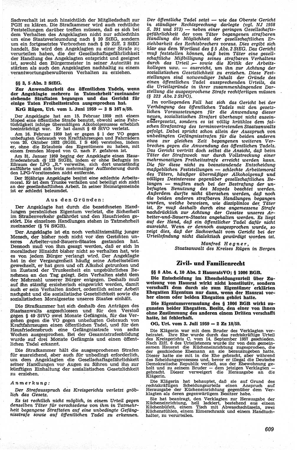Neue Justiz (NJ), Zeitschrift für Recht und Rechtswissenschaft [Deutsche Demokratische Republik (DDR)], 13. Jahrgang 1959, Seite 609 (NJ DDR 1959, S. 609)
