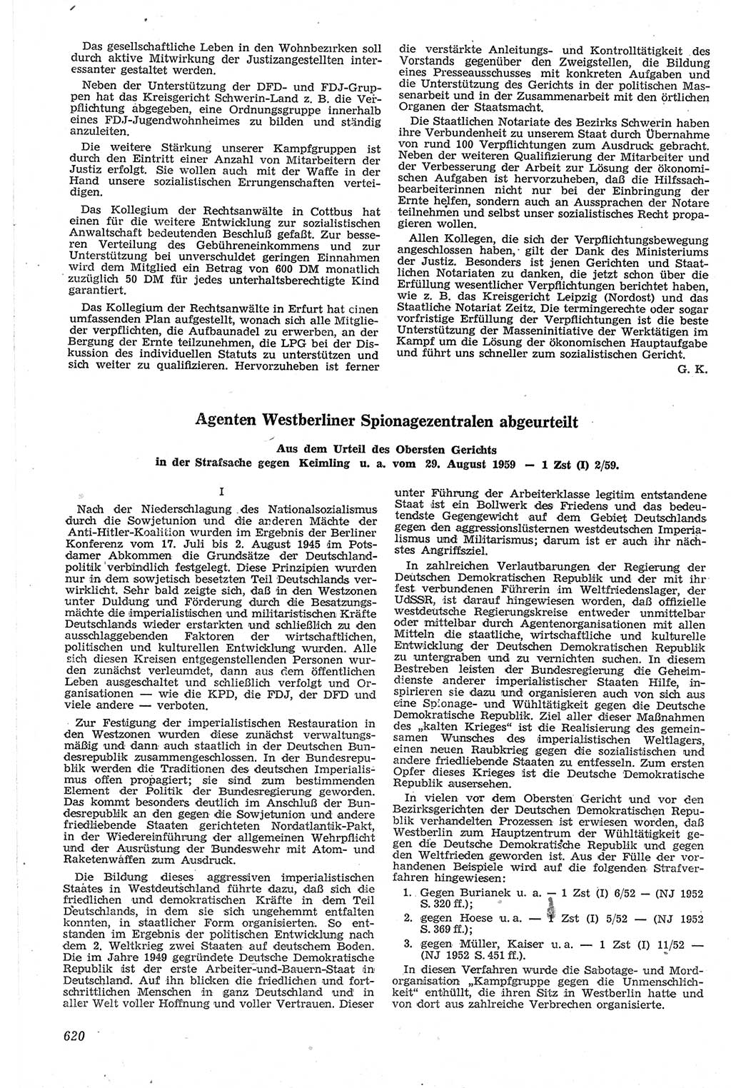 Neue Justiz (NJ), Zeitschrift für Recht und Rechtswissenschaft [Deutsche Demokratische Republik (DDR)], 13. Jahrgang 1959, Seite 620 (NJ DDR 1959, S. 620)