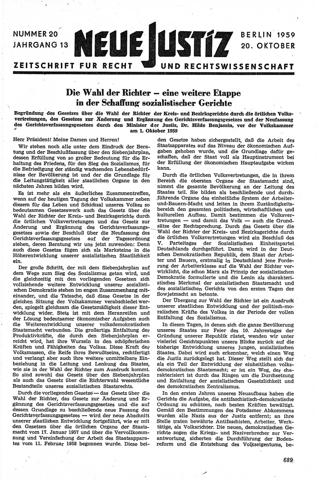 Neue Justiz (NJ), Zeitschrift für Recht und Rechtswissenschaft [Deutsche Demokratische Republik (DDR)], 13. Jahrgang 1959, Seite 689 (NJ DDR 1959, S. 689)