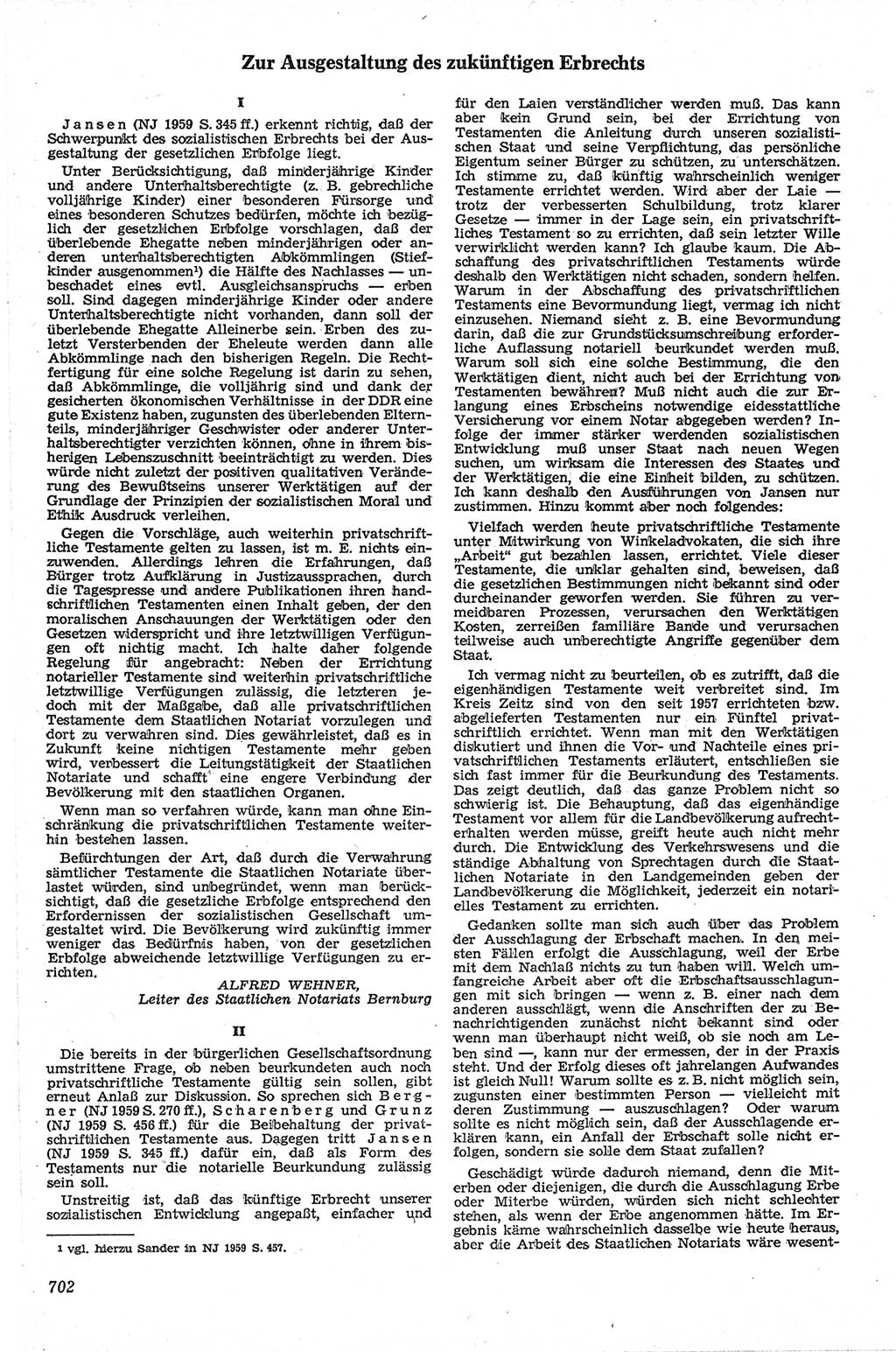 Neue Justiz (NJ), Zeitschrift für Recht und Rechtswissenschaft [Deutsche Demokratische Republik (DDR)], 13. Jahrgang 1959, Seite 702 (NJ DDR 1959, S. 702)
